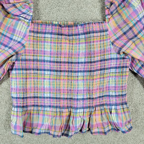Tommy Hilfiger Smocked Plaid Top Womens XL Pink Puff Sleeve Cropped Peplum New - Picture 10 of 13